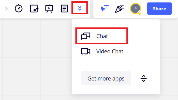 ①画面右上のアイコンから「Chat」のアイコンを選択します。