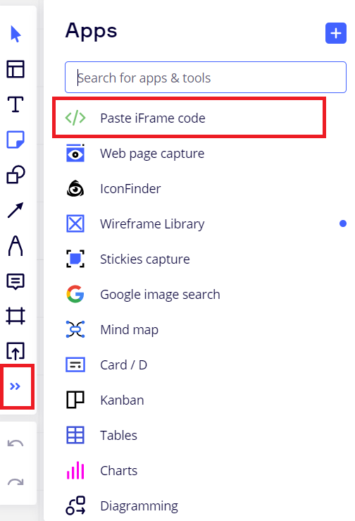 ④Miroのメニューアイコンの一番下の「>>」をクリックして、Appsの画面を表示させ、「Paste iFrame code」を選択します。